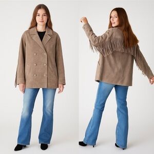 BLANKNYC Real Suede Fringe Coat Moonlight Taupe Western Cowgirl Small Oversized